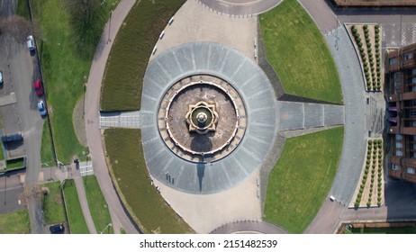 Glasgow, Scotland; 26 March 2022: Aerial image over the Doulton Fountain in Glasgow Green, a park next to the River Clyde near the City Centre.