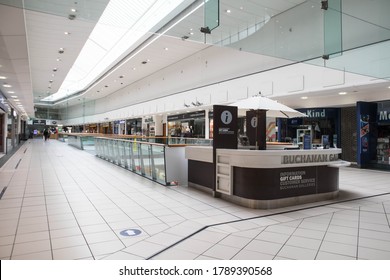 Glasgow / Scotland - August 3, 2020 : Interior Of Buchanan Galleries Shopping Centre Mall, Empty Because Of Covid Lockdown Restrictions