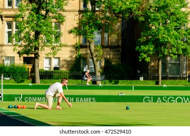 GLASGOW, SCOTLAND - JULY 21, 2016: A Man Playing Barefoot Bowls At The Kelvin Grove Bowling And Tennis Centre In Sum