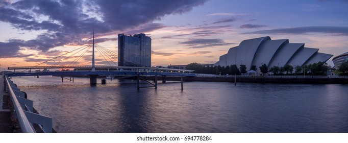 GLASGOW, SCOTLAND - JULY 21: The River Clyde With The Millennium Bridge And The SEC Armadillo On July 21, 2017 In Glasgow, Scotland. The Armidillo Is Glasgow Main Conference Space.   