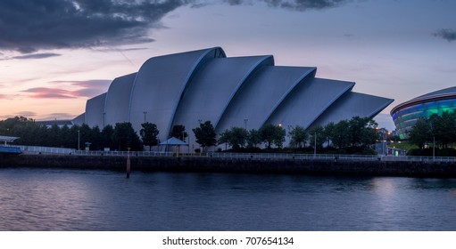 GLASGOW, SCOTLAND - JULY 21: The River Clyde With SEC Armadillo On July 21, 2017 In Glasgow, Scotland. The SEC Armadillo Venue Is Part Of Glasgow's Conference And Event District.