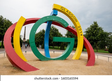 GLASGOW, SCOTLAND - JULY 31, 2019: Colourful Commonwealth Games Glasgow 2014 Monument In Glasgow Green Park