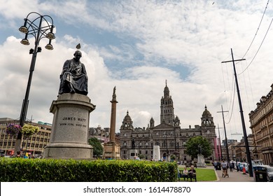 GLASGOW, SCOTLAND - JULY 31, 2019: Statue Of James Watt, Inventor Of Steam Engine At George Square In Front Of Glasgow City Council