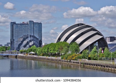 Glasgow, Scotland - MAY 14, 2018: View Of The SEC Armadillo Building From The Clyde Arc Bridge