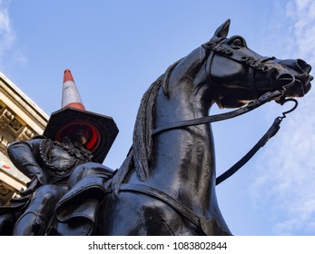 Glasgow, Scotland - October 04 2014: The Duke of Wellington Statue in Glasgow showing the Traffic Cone which is nearly always put on his head