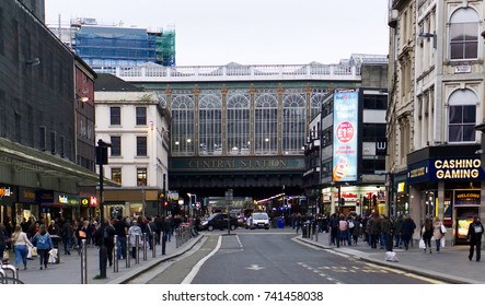 GLASGOW, SCOTLAND - OCTOBER 14, 2017 Glasgow Central Rail Station Seen From Busy Argyle Street