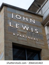 Glasgow, Scotland - October 14th 2021: The John Lewis and Partners logo at the Buchanan Galleries shopping centre in the city of Glasgow, Scotland.