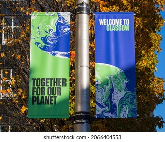 Glasgow, Scotland - October 15th 2021: A sign welcoming visitors to the city of Glasgow in Scotland, coinciding with the UN Climate Change Conference - COP26.