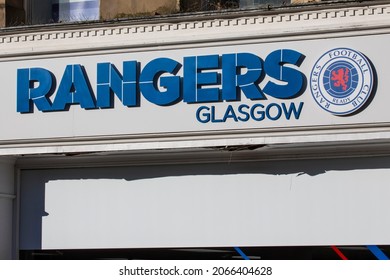 Glasgow, Scotland - October 15th 2021: The Sign Above The Entrance To The Glasgow Rangers FC Store In The City Of Glasgow, Scotland.