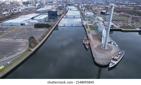 Glasgow, Scotland, UK; 2nd April 2022: Low level aerial image over the River Clyde near to the Centre of the city of Glasgow, in Central Scotland.