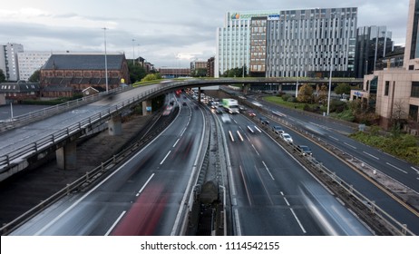 Glasgow, Scotland, UK - September 29, 2017: Heavy Traffic Moves On The M8 Motorway In Central Glasgow During Rush Hour.