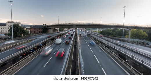 Glasgow, Scotland, UK - September 29, 2017: Heavy Traffic Moves On The M8 Motorway In Central Glasgow During Rush Hour.