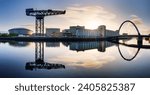 Glasgow skyline panorama at sunrise over river Clyde, Scotland