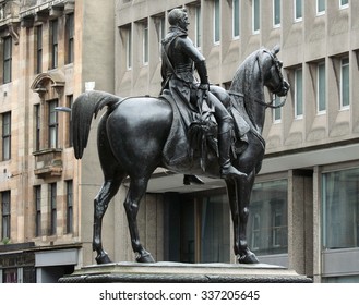 GLASGOW, UK - JULY 6: This statue of the Duke of Wellington stands outside the Gallery of Modern Art in Glasgow. Designed by Marochetti, a well established sculptor of the Victorian era.