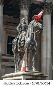 Glasgow, UK - September 4, 2019 - The iconic equestrian statue of Arthur Wellesley, 1st Duke of Wellington located outside the Gallery of Modern Art, Glasgow, Scotland