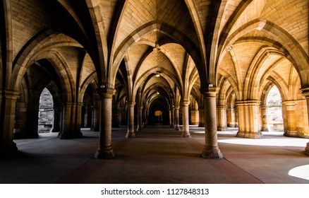 Glasgow, United Kingdom - April 30, 2018: The cloisters, iconic architectural details of University of Glasgow