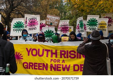 GLASGOW, UNITED KINGDOM – NOVEMBER 06, 2021: Youth Activists For A Green New Deal At Climate Protest March During COP26 In Glasgow, Scotland.