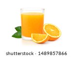Glass of 100% Orange juice with sacs
 and sliced fruits isolate on white background.