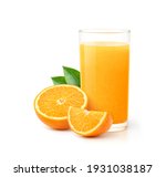 Glass of 100% Orange juice with orange sacs and slices fruits isolate on white background.