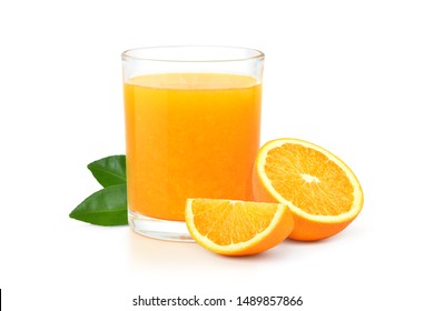 Glass of 100% Orange juice with sacs
 and sliced fruits isolate on white background.