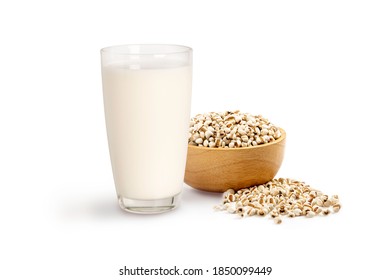 Glass Of Adlay Millet ( Pear Millet) With Seeds In Wooden Bowl Isolated On White Background.