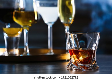 Glass Of Alcoholic Drink On Table, Closeup. Space For Text