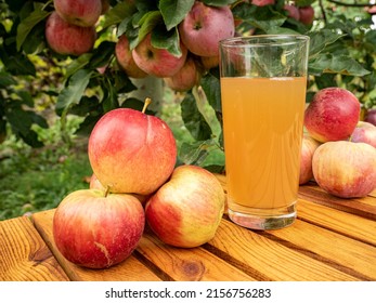 Glas mit Apfelsaft und roten Äpfeln in der Nähe von Obstgarten-Dekor auf dem Hintergrund