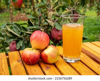 Glas mit Apfelsaft und roten Äpfeln in der Nähe von Obstgarten-Dekor auf dem Hintergrund