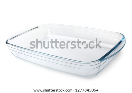 Glass baking tray on white background