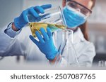 Glass beaker, chemical and scientist in laboratory for pharmaceutical development or innovation. Science, healthcare and chemist with liquid for research, study or experiment for medical cure.