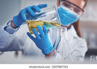 Glass beaker, chemical and scientist in laboratory for pharmaceutical development or innovation. Science, healthcare and chemist with liquid for research, study or experiment for medical cure. - Powered by Shutterstock