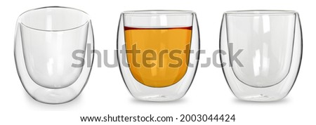 glass beaker with double wall isolated on white background. Set of transparent dishes for design