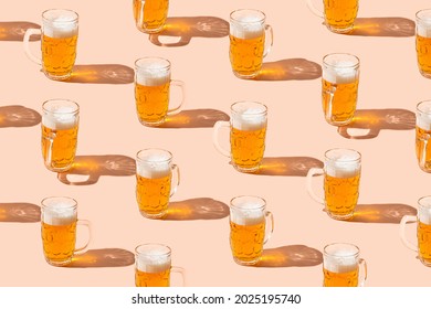 Glass Of Beer, Mug Pattern On Pastel Background