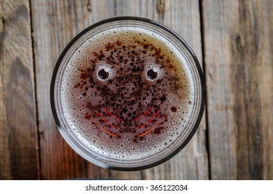 Glass Of Beer Shot Top Down On Wooden Rustic Table