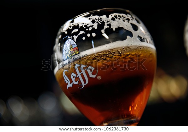  Glass of Belgian Leffe Tripel beer in the Leffe museum in  Dinant, Belgium on Nov. 1, 2016