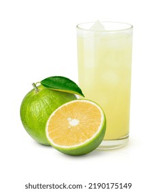 Glass Of Bitter Orange Juice And Fresh Aurantium Citrus (Seville Orange) With Green Leaf Isolated On White Background.