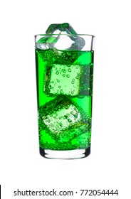 Glass Of Blue Energy Carbonated  Soda Drink With Ice On White Background