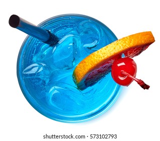 Glass Of Blue Lagoon Cocktail Isolated On White Background From Top View