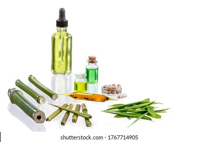 Glass Bottle With Bamboo Extract For Medicine Aromatherapy, Cosmetology, Body Care. Bamboo Mat With Esential Oil, Health.