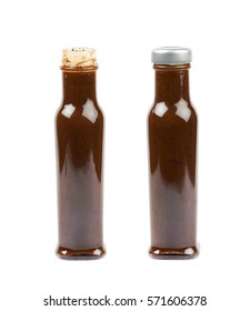 Glass Bottle Of Barbecue Bbq Sauce Isolated Over The White Background, Set Of Two Different Foreshortenings