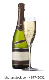 A Glass And A Bottle Of Champagne Isolated On White