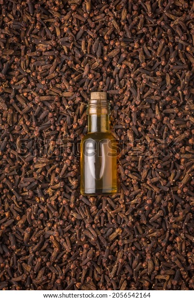 glass bottle of clove oil with\
dry cloves, aromatic spice and herb with essential oil, top\
view