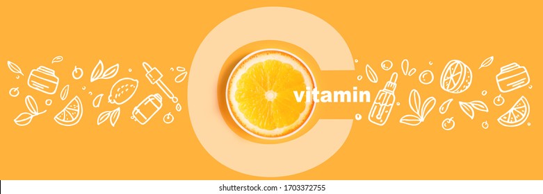 Glasflaschen Kosmetika, Seren und Öle mit Vitamin C auf gelbem Hintergrund Bild mit Symbolen im Doodle-Stil Organische Biokosmetik Konzept zum Schutz der Immunität bei Virusinfektionen