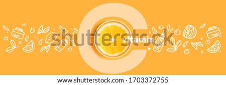 Glass bottle cosmetics, serums and oils with vitamin C on yellow background Image with Doodle style icons image Organic bio cosmetics Concept of protecting immunity during viral infection