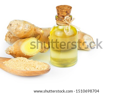 Glass bottle of essential ginger oil, ginger root and powder isolated on white background. Healthy food spice concept. Zingiber officinale [[stock_photo]] © 