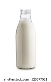 Glass Bottle Full Of Milk On White Background