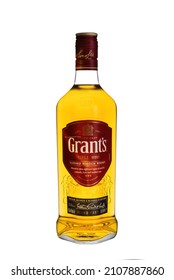 Glass Bottle Of Grants Blended Scotch Whisky Isolated On White Background.