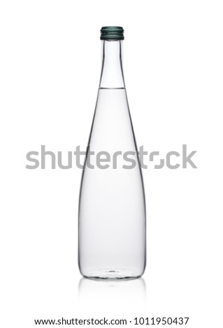 Glass bottle of healthy clear still water on white background with reflection