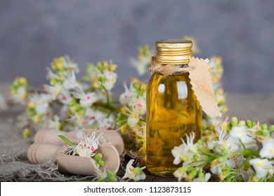 Glass Bottle Of Horse Chestnut Oil Extract. Closeup