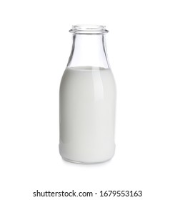 Glass Bottle Of Milk Isolated On White